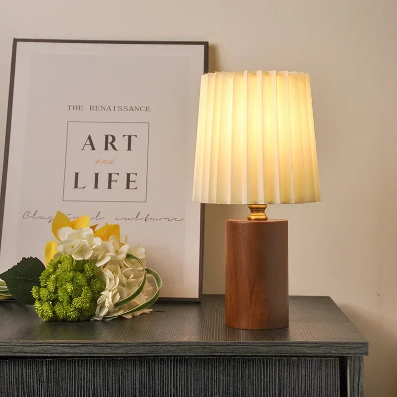 Table Lamp Pleated Fabric Shade Turned Wood Base