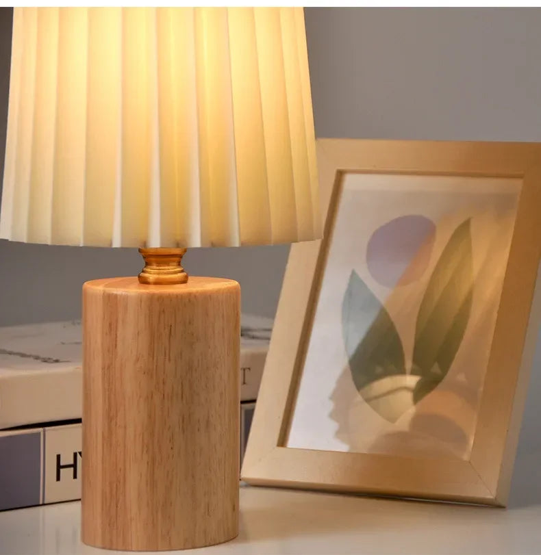 Table Lamp Pleated Fabric Shade Turned Wood Base