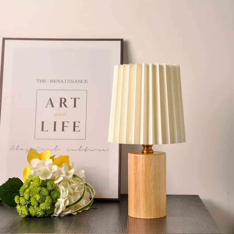 Table Lamp Pleated Fabric Shade Turned Wood Base