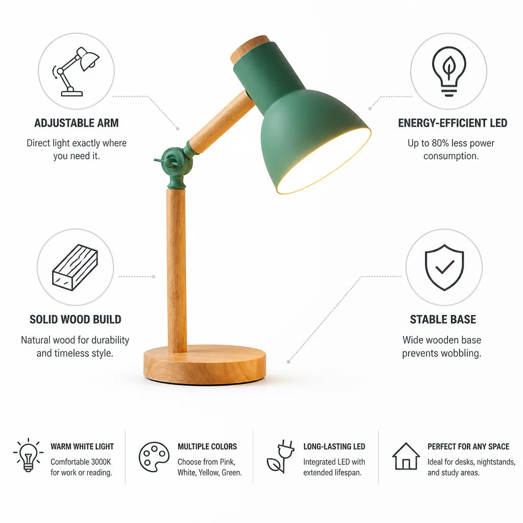 Table Lamp Scandinavian Wood Adjustable Arm Integrated LED