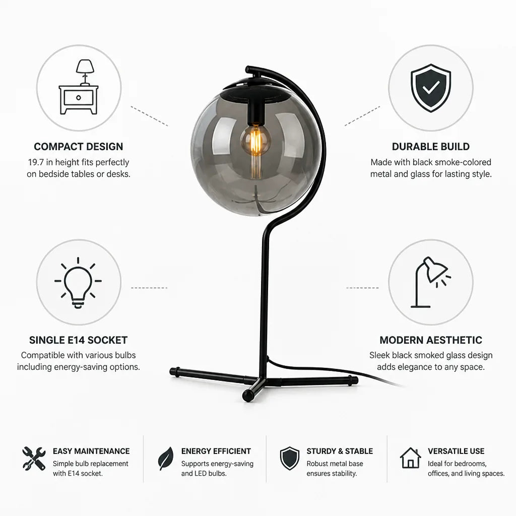 Table Lamp Smoked Glass Shade Black Metal Base