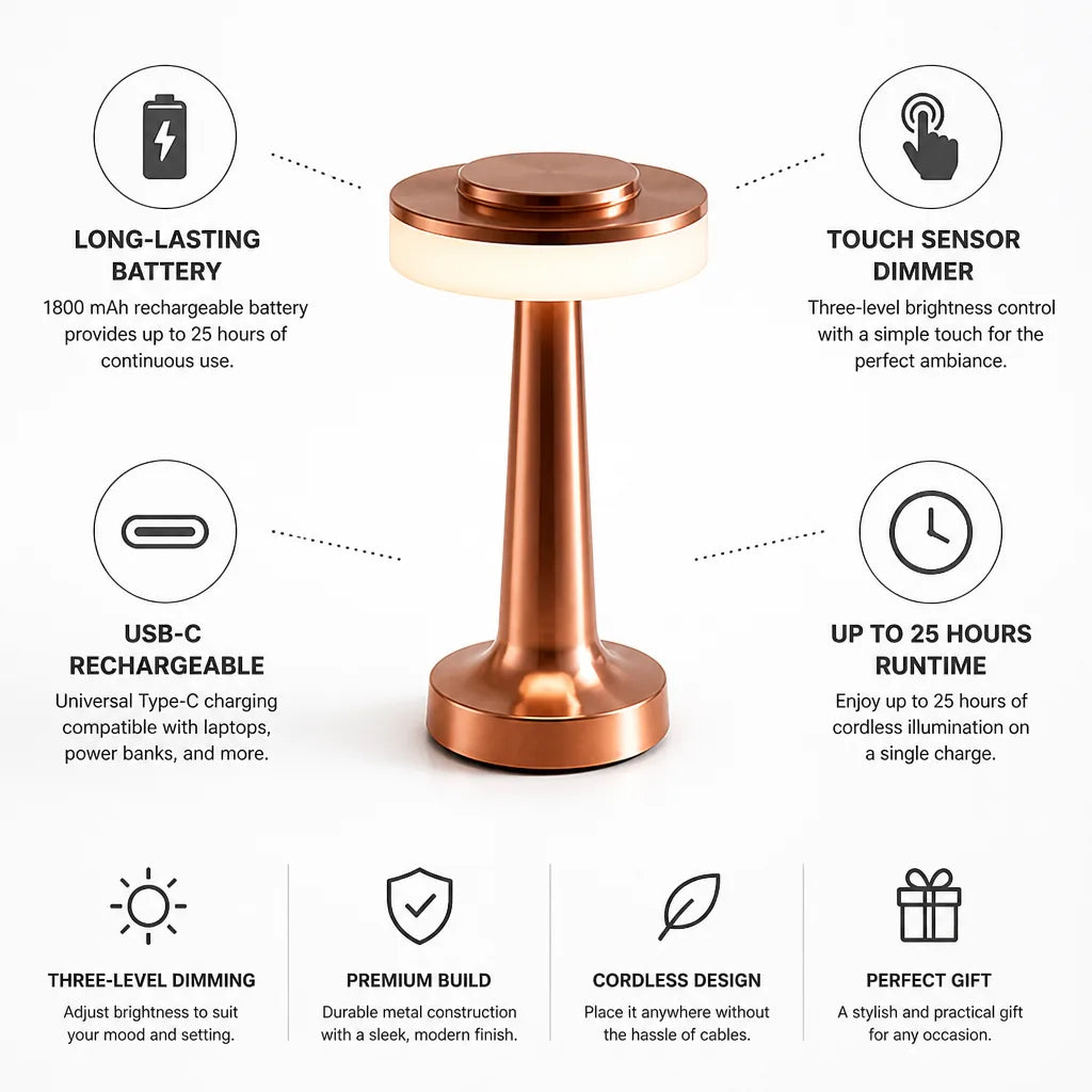 Table Lamp Touch Dimmer USB-C Rechargeable 25 Hour Runtime