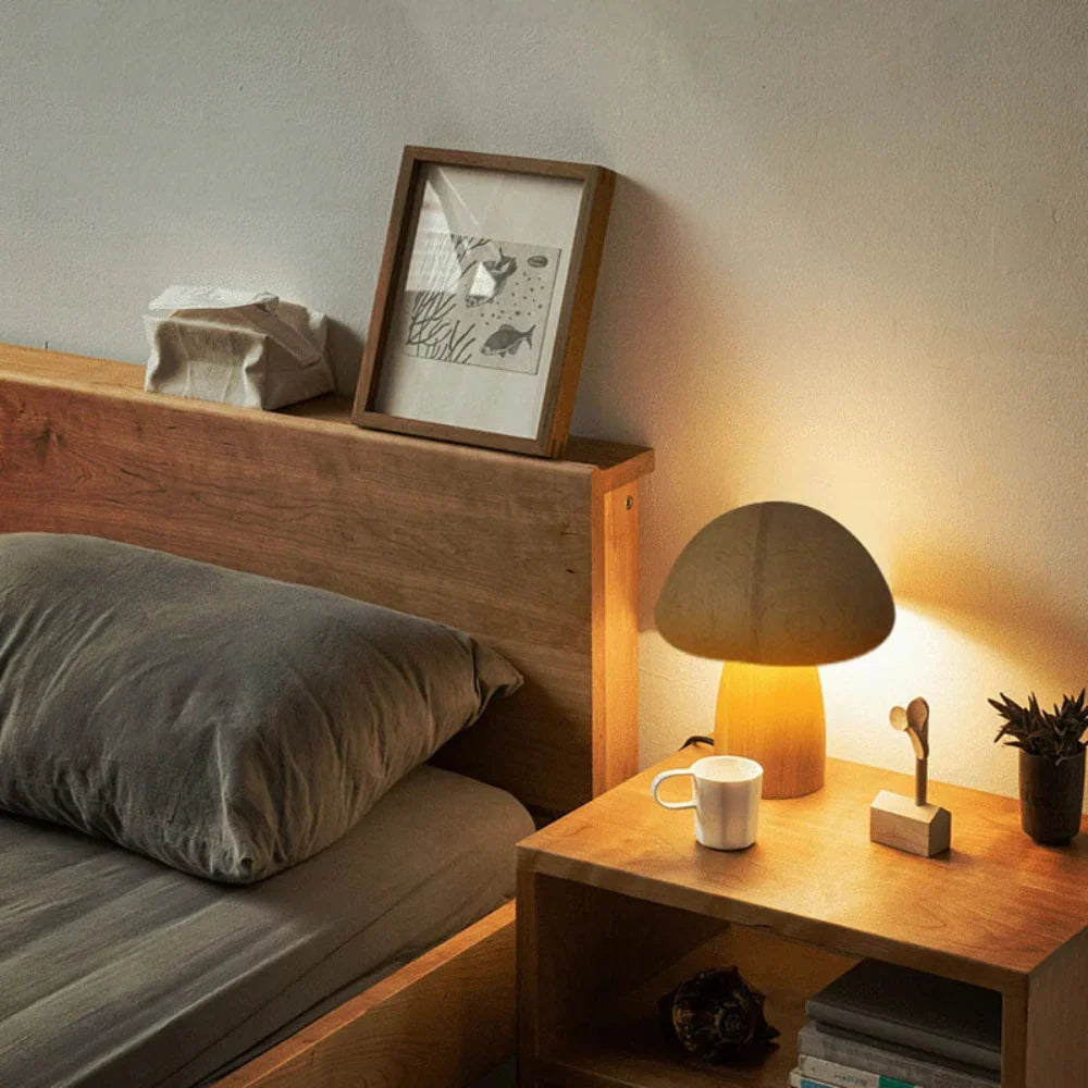 Table Lamp Wooden Mushroom Design USB Rechargeable Cordless Dimmable