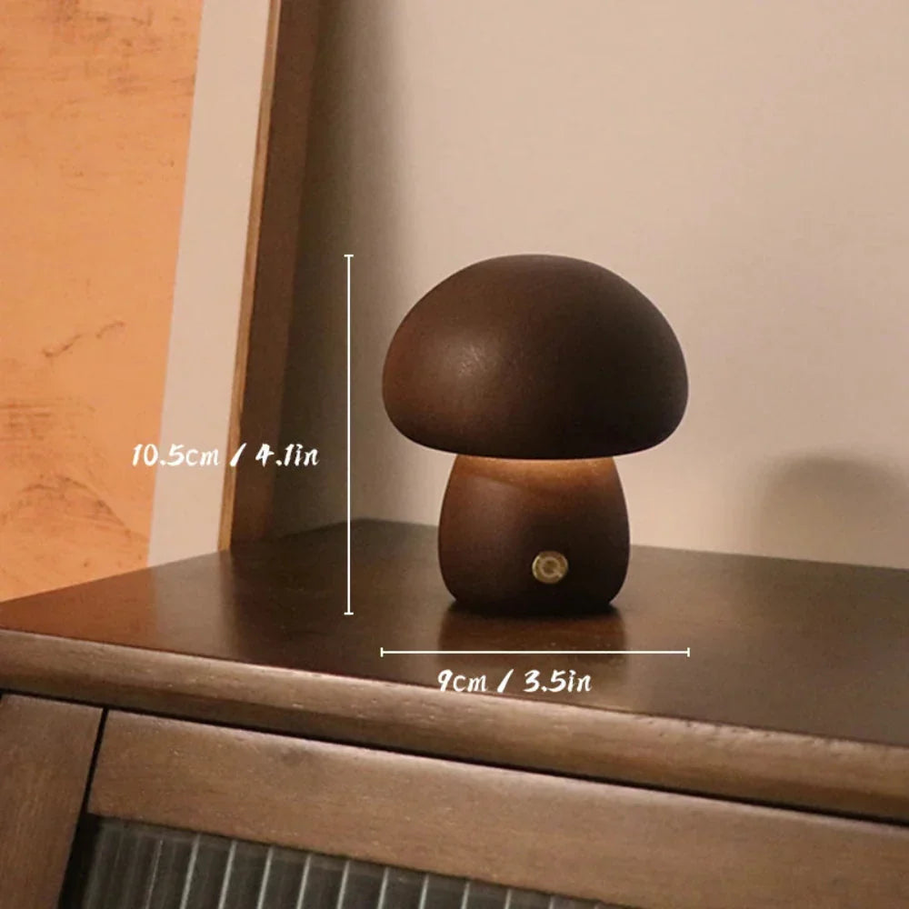 Table Lamp Wooden Mushroom Design USB Rechargeable Cordless Dimmable