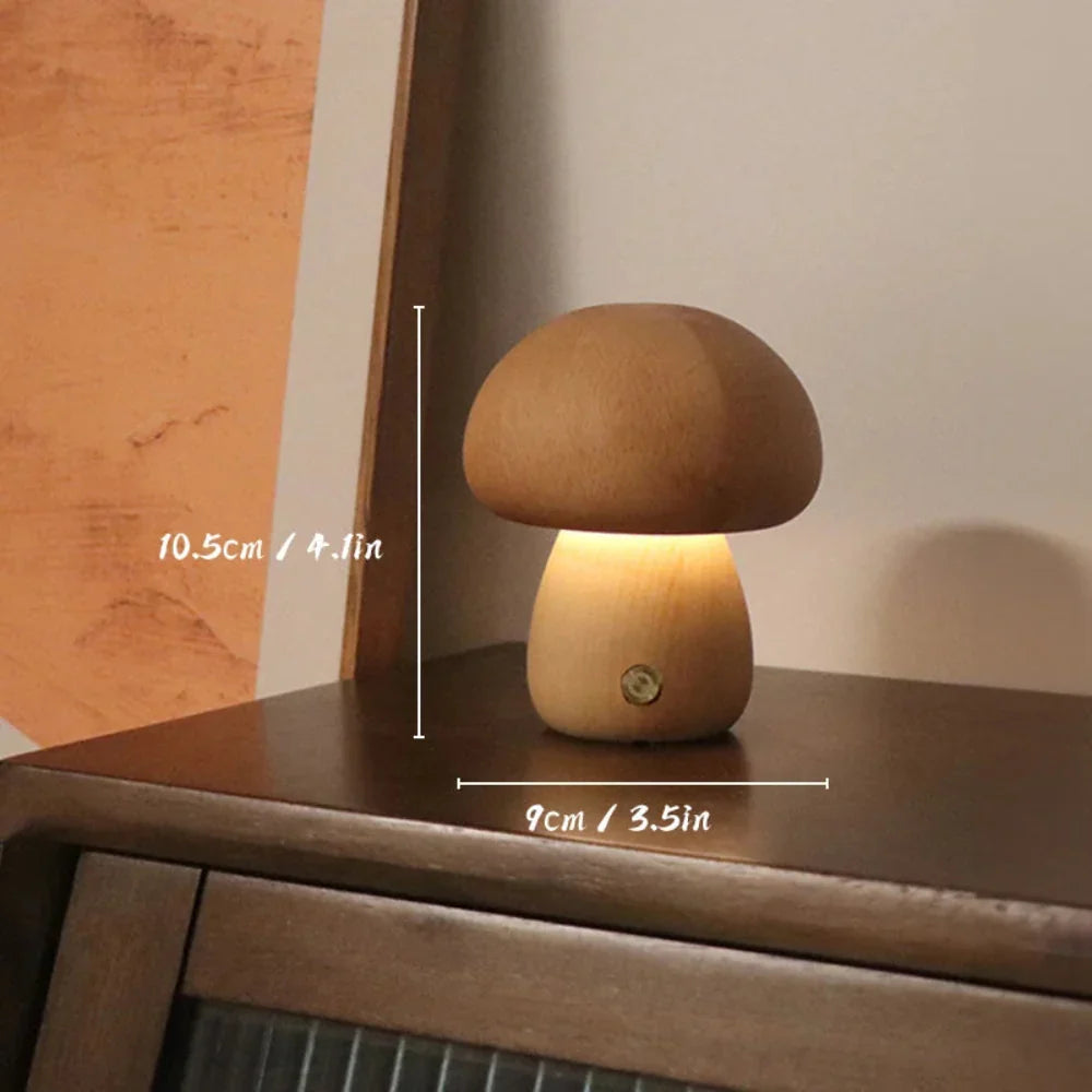 Table Lamp Wooden Mushroom Design USB Rechargeable Cordless Dimmable