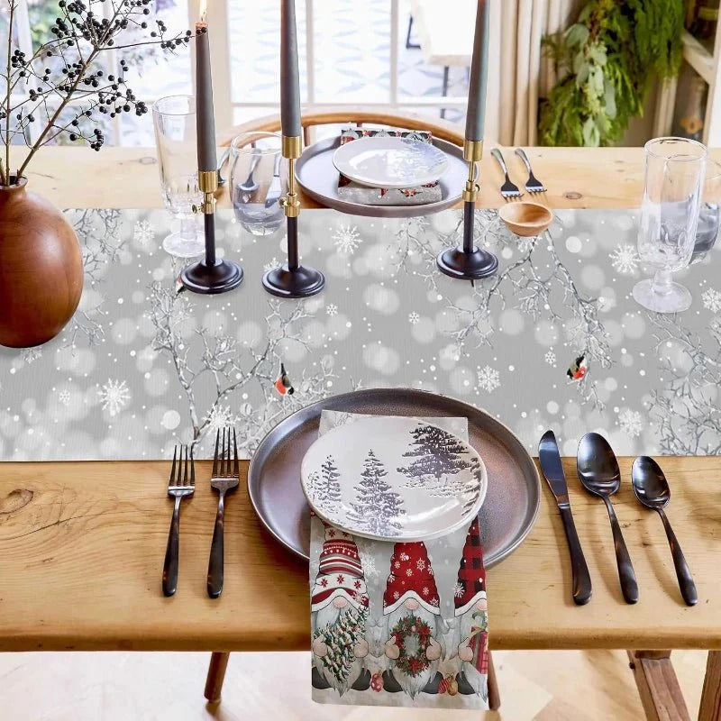 Table Runner 100% Linen Snowflake & Elf Design Machine Washable