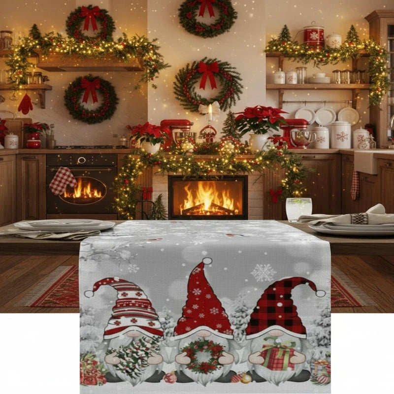Table Runner 100% Linen Snowflake & Elf Design Machine Washable