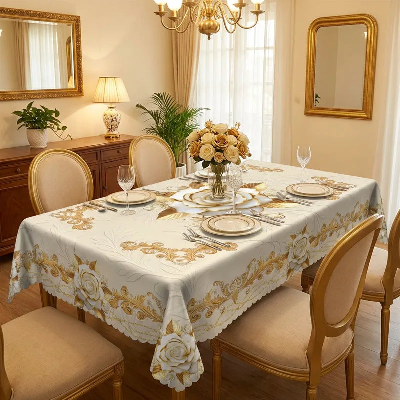 Tablecloth Gold Rose Pattern Water-Resistant Surface