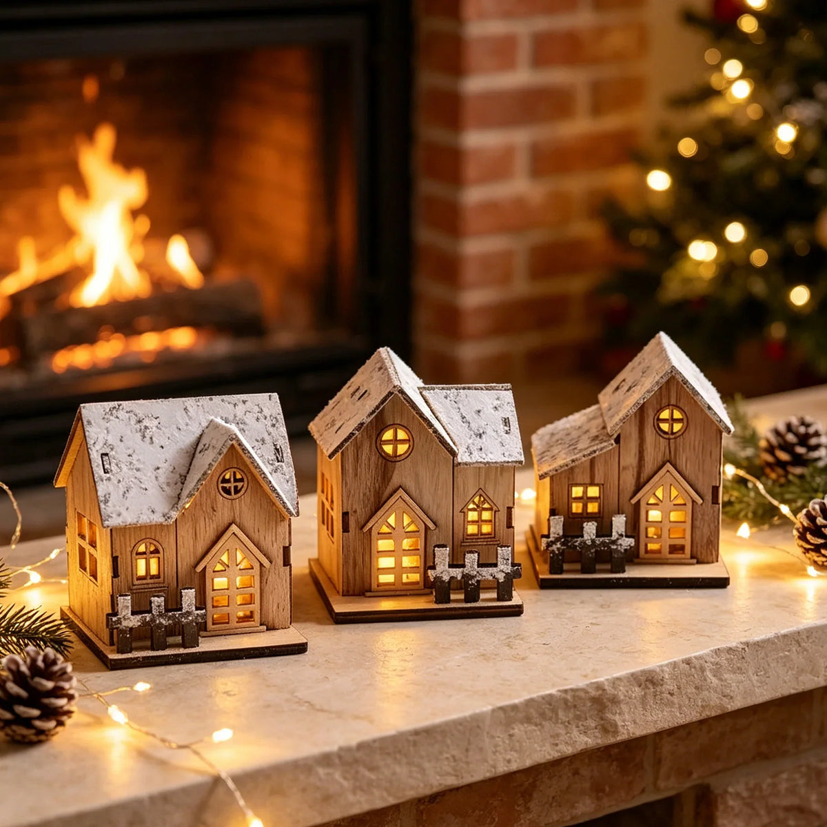 Tabletop Christmas House Illuminated Wood Snow-Effect