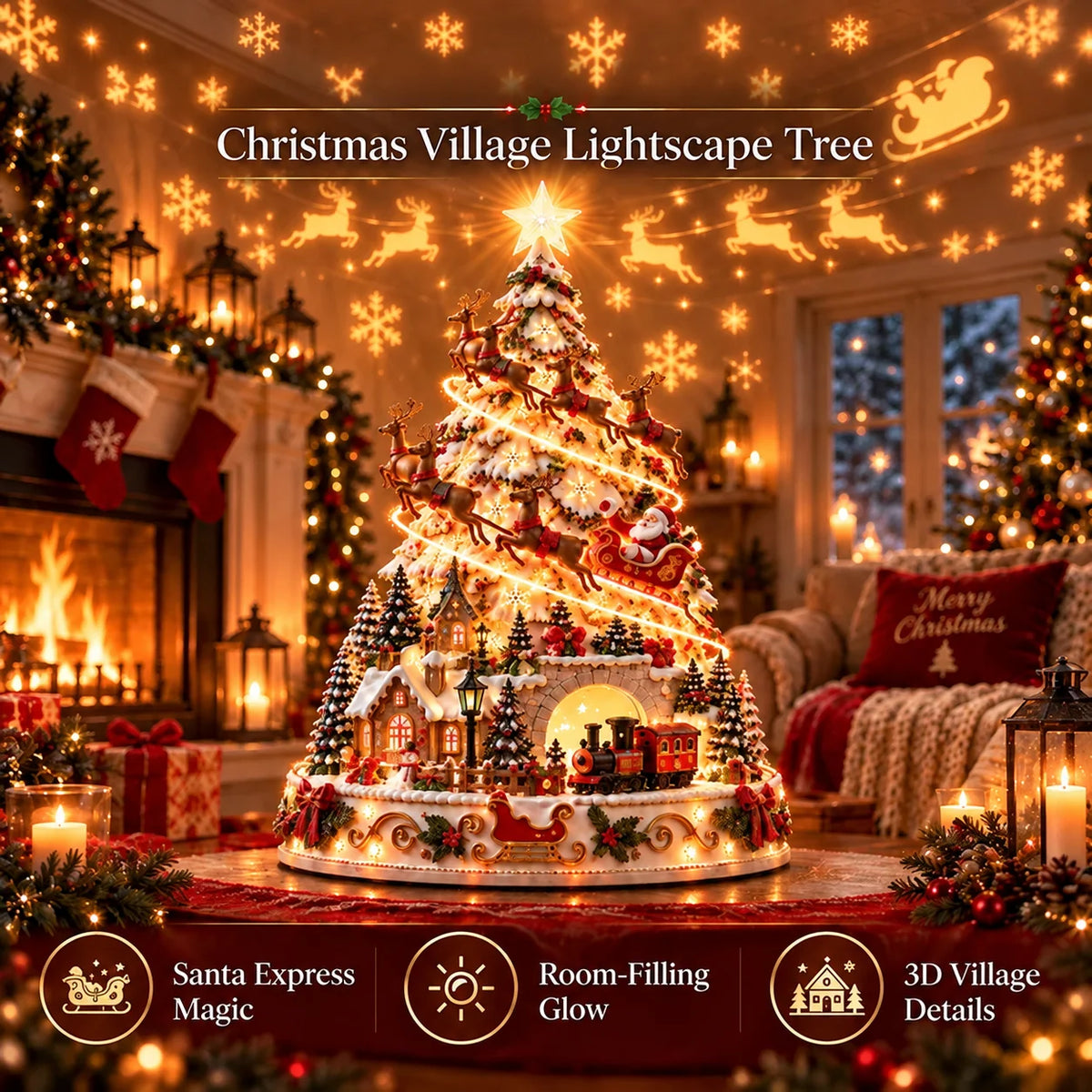 Tabletop Christmas Village Tree Illuminated With Festive Projection