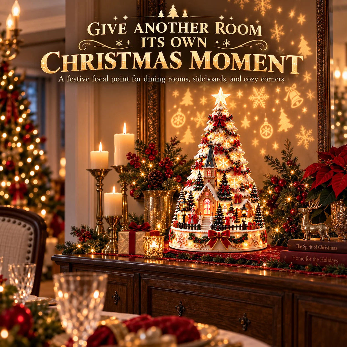 Tabletop Christmas Village Tree Illuminated With Festive Projection