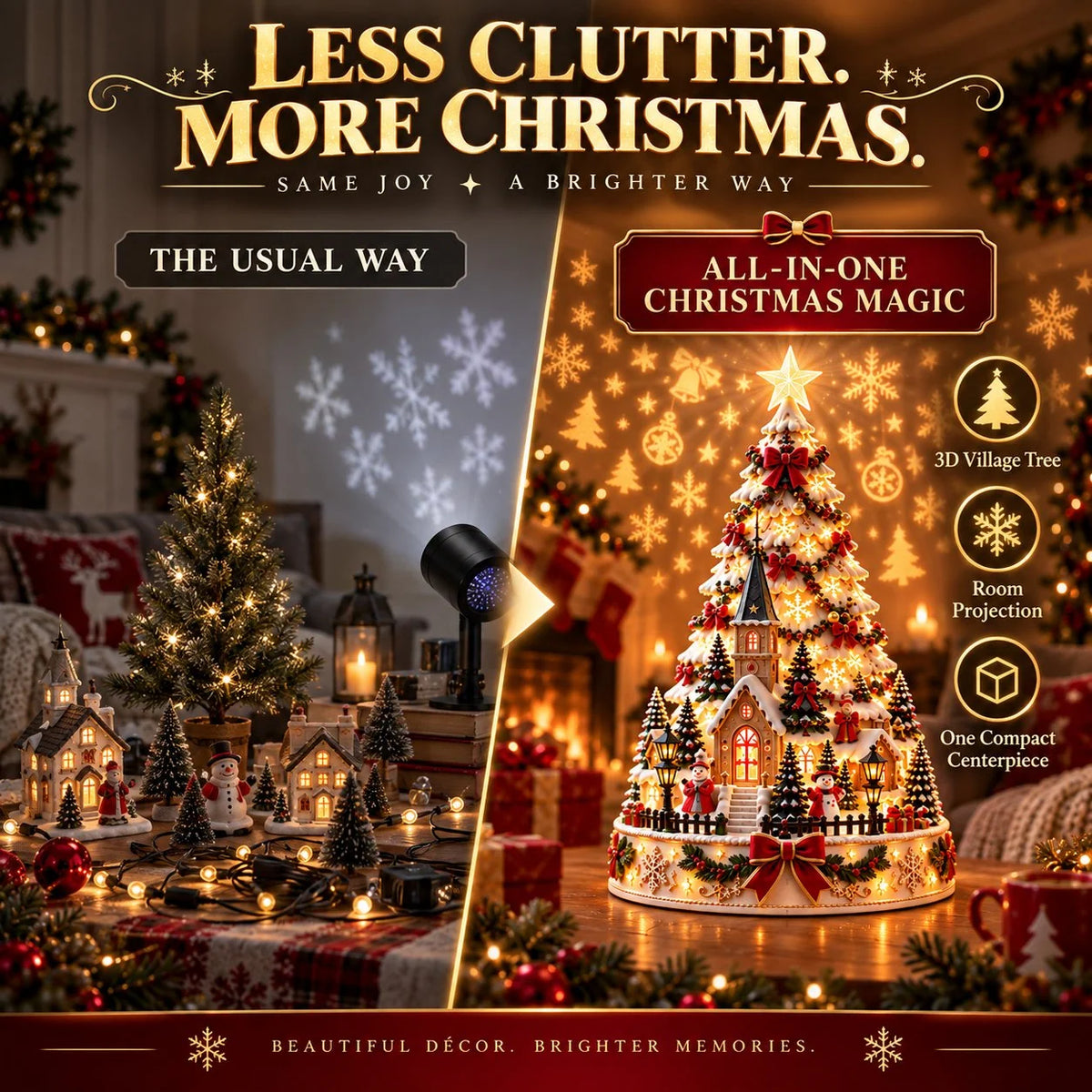 Tabletop Christmas Village Tree Illuminated With Festive Projection