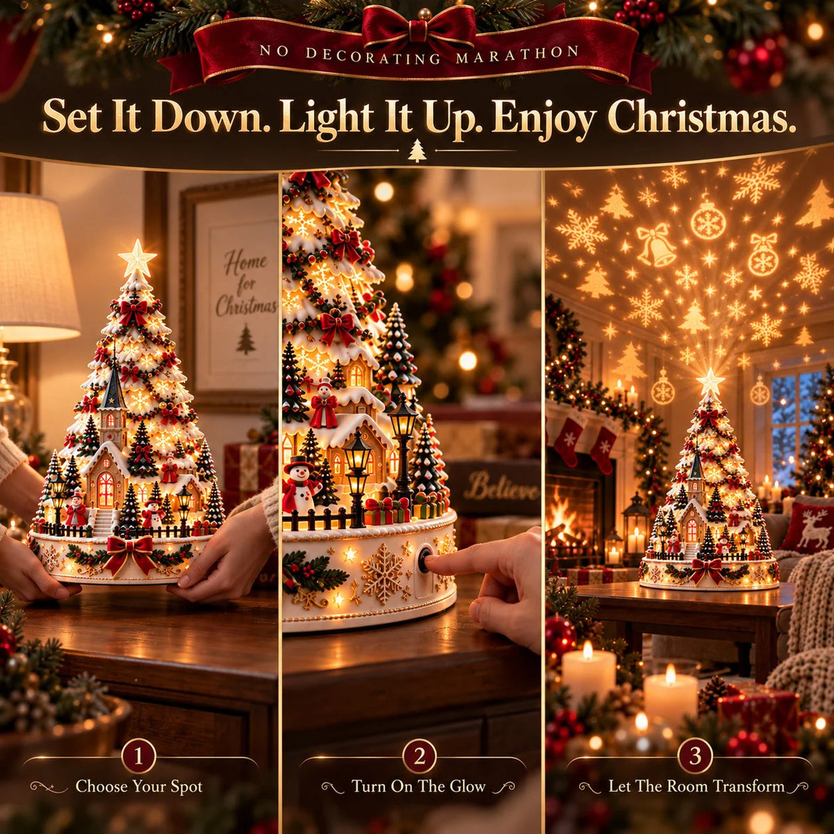 Tabletop Christmas Village Tree Illuminated With Festive Projection