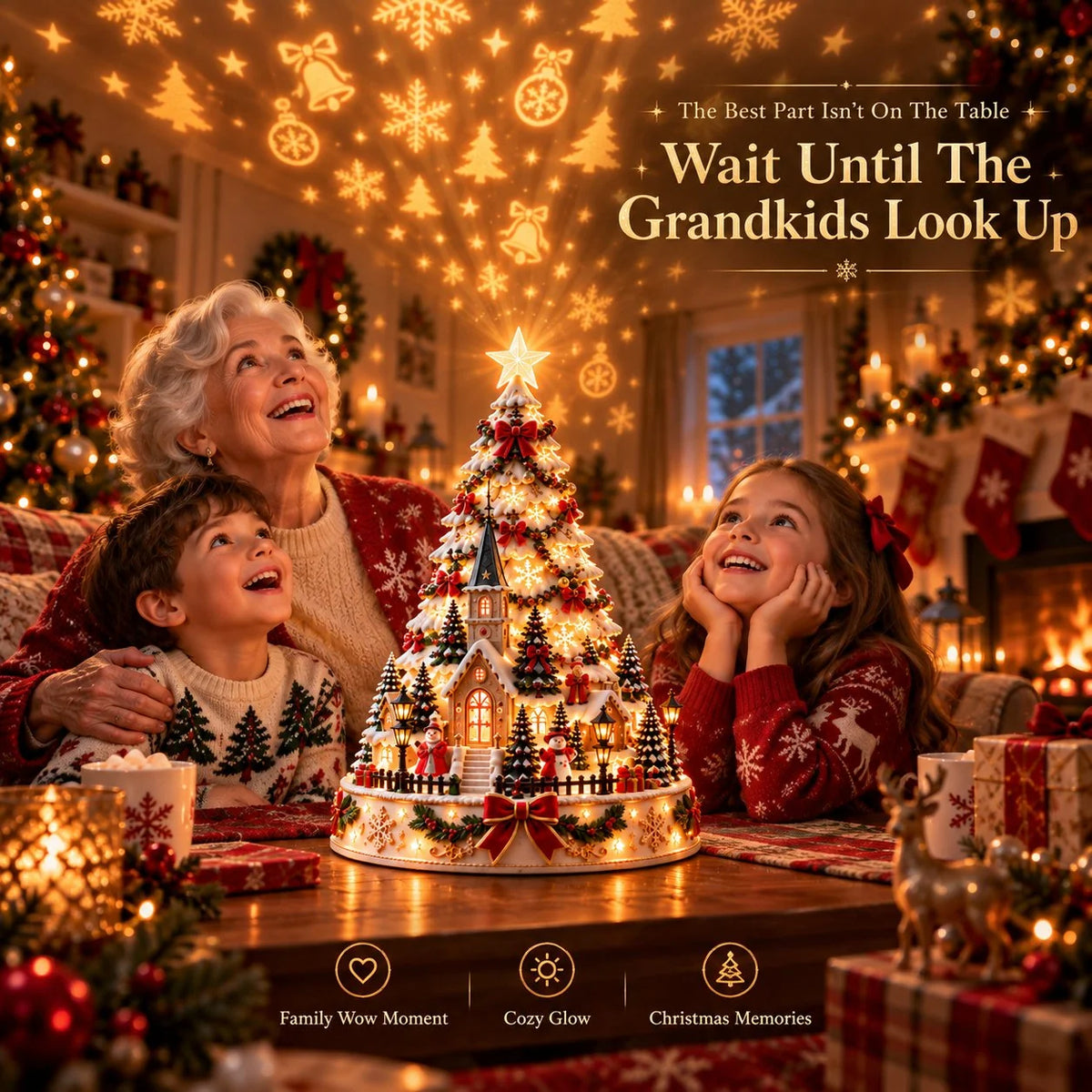 Tabletop Christmas Village Tree Illuminated With Festive Projection