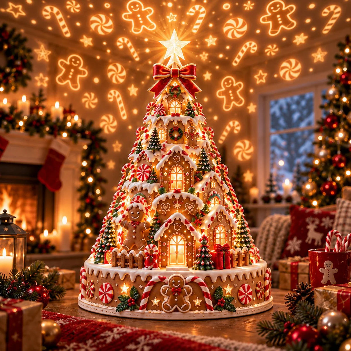 Tabletop Christmas Village Tree Illuminated With Festive Projection