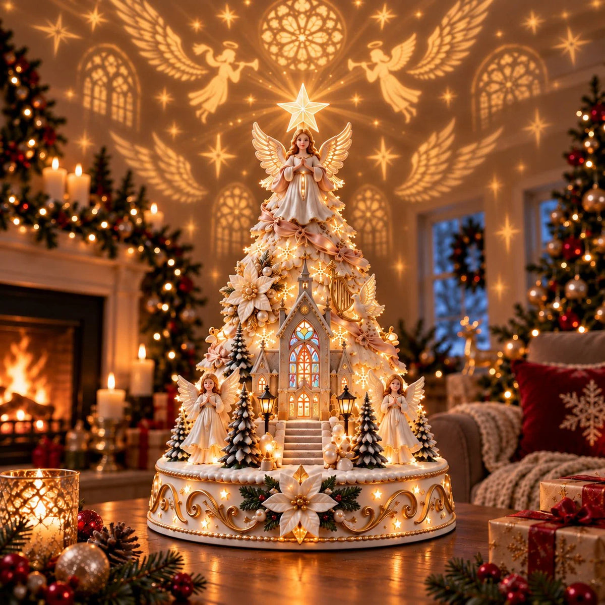 Tabletop Christmas Village Tree Illuminated With Festive Projection