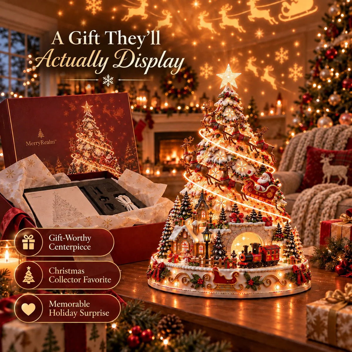 Tabletop Christmas Village Tree Illuminated With Festive Projection