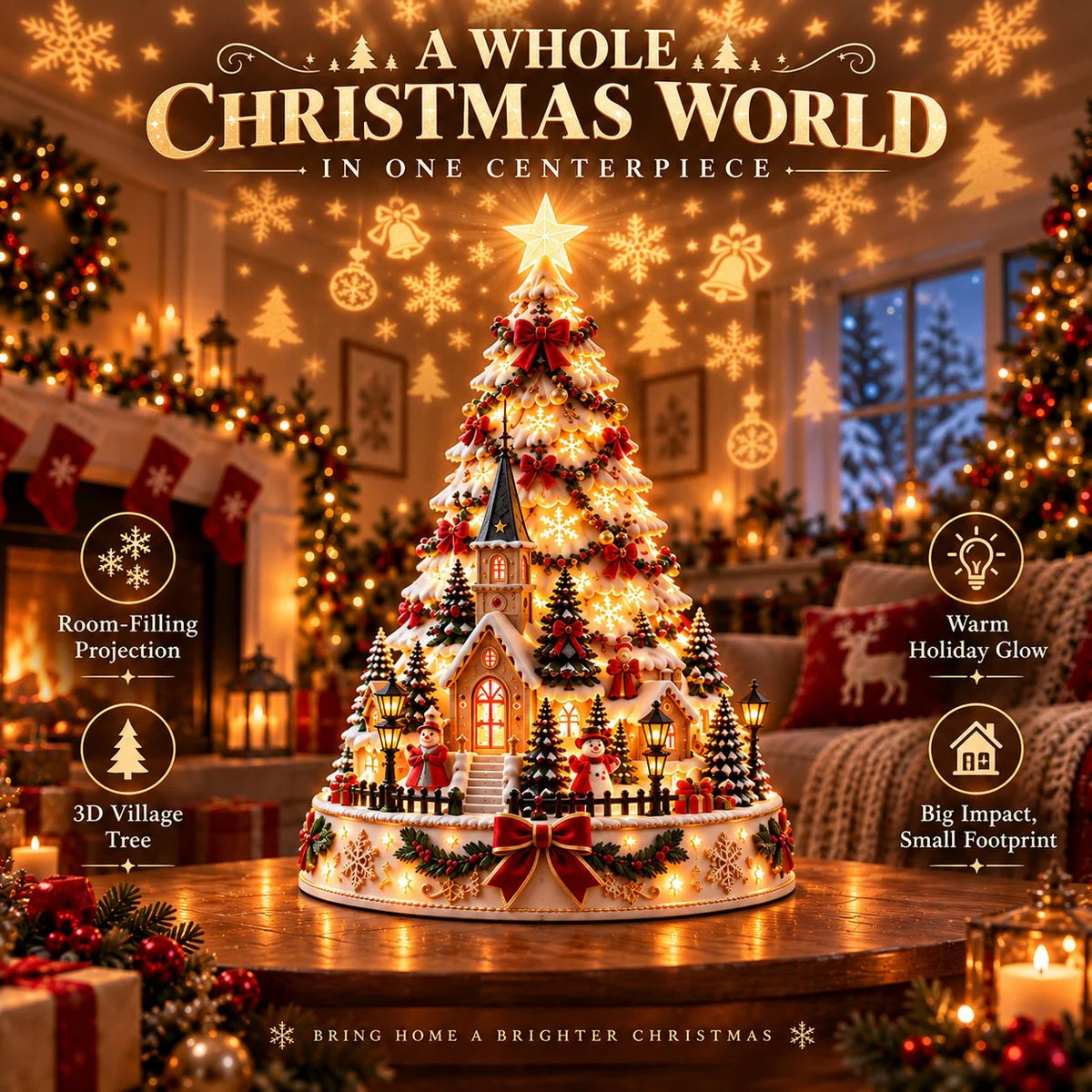 Tabletop Christmas Village Tree Illuminated With Festive Projection
