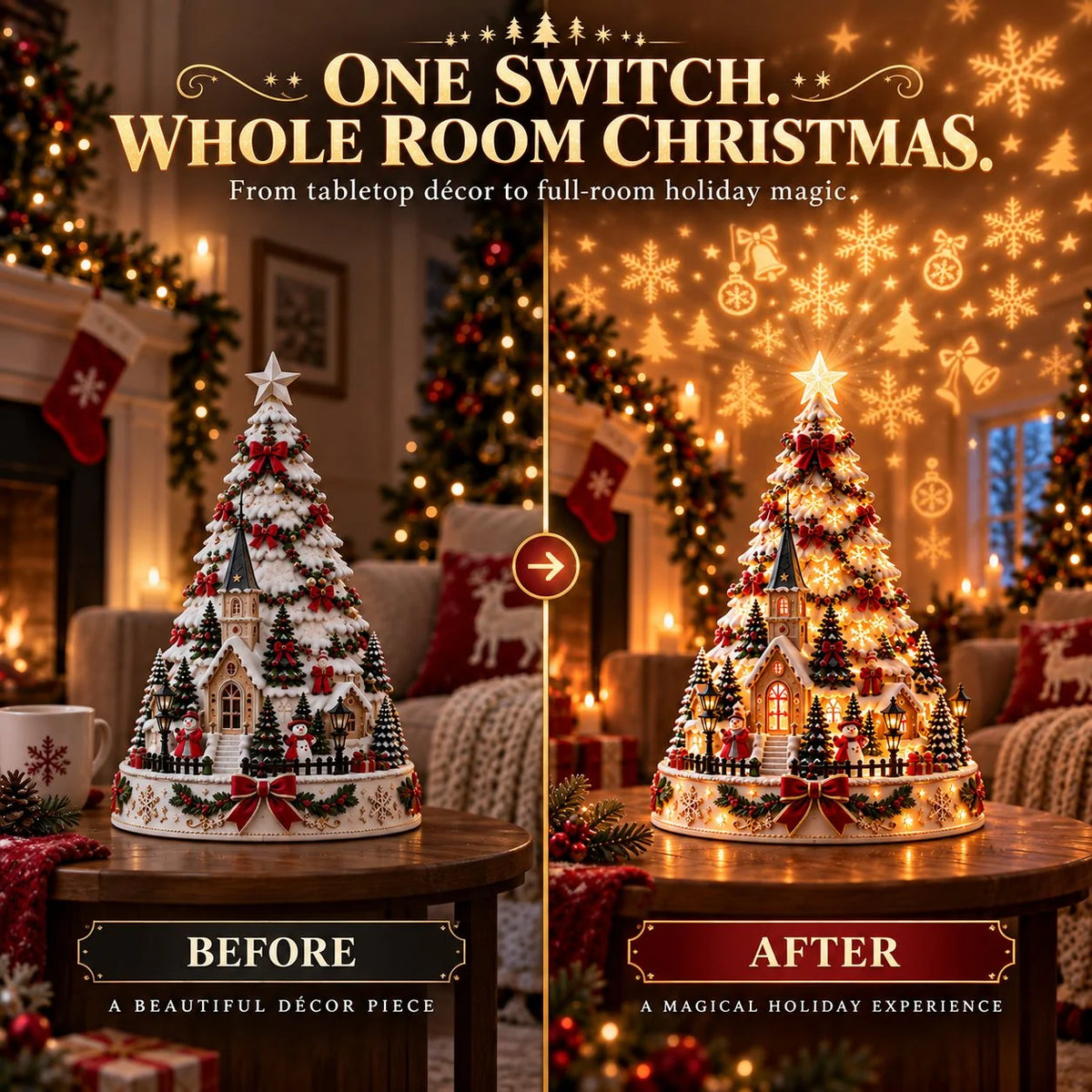 Tabletop Christmas Village Tree Illuminated With Festive Projection