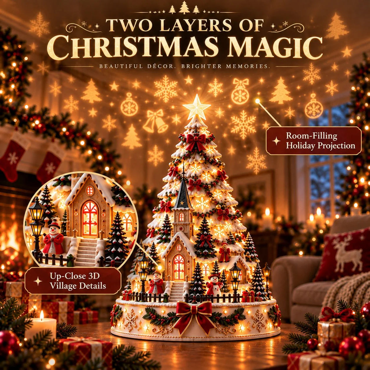 Tabletop Christmas Village Tree Illuminated With Festive Projection