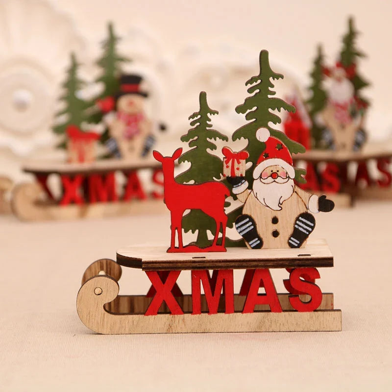 Tabletop Figurine Wooden Santa & Reindeer Compact