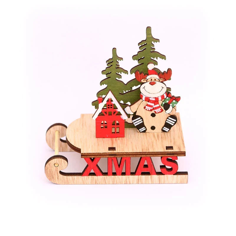 Tabletop Figurine Wooden Santa & Reindeer Compact