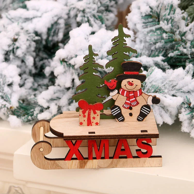 Tabletop Figurine Wooden Santa & Reindeer Compact