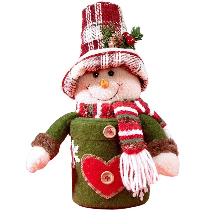 Tabletop Snowman Figurine Fabric Heart Pattern & Striped Scarf