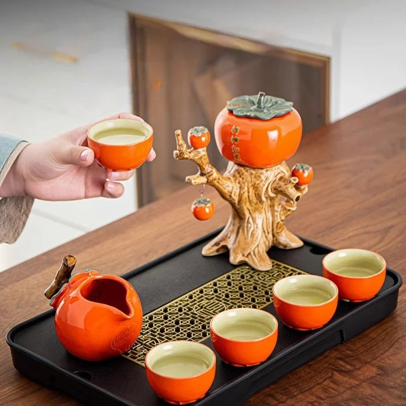 Tea Set Ceramic Pumpkin Tree Design With Six Cups