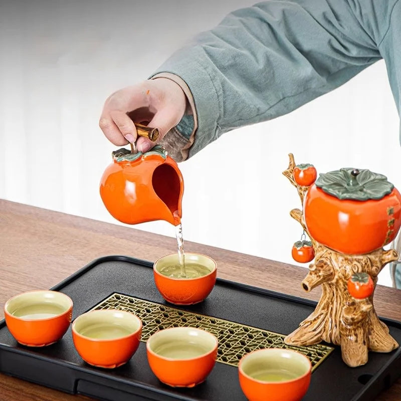Tea Set Ceramic Pumpkin Tree Design With Six Cups