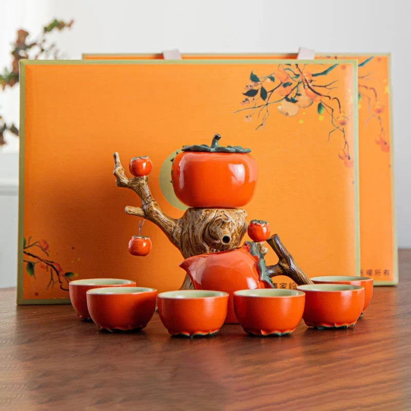 Tea Set Ceramic Pumpkin Tree Design With Six Cups