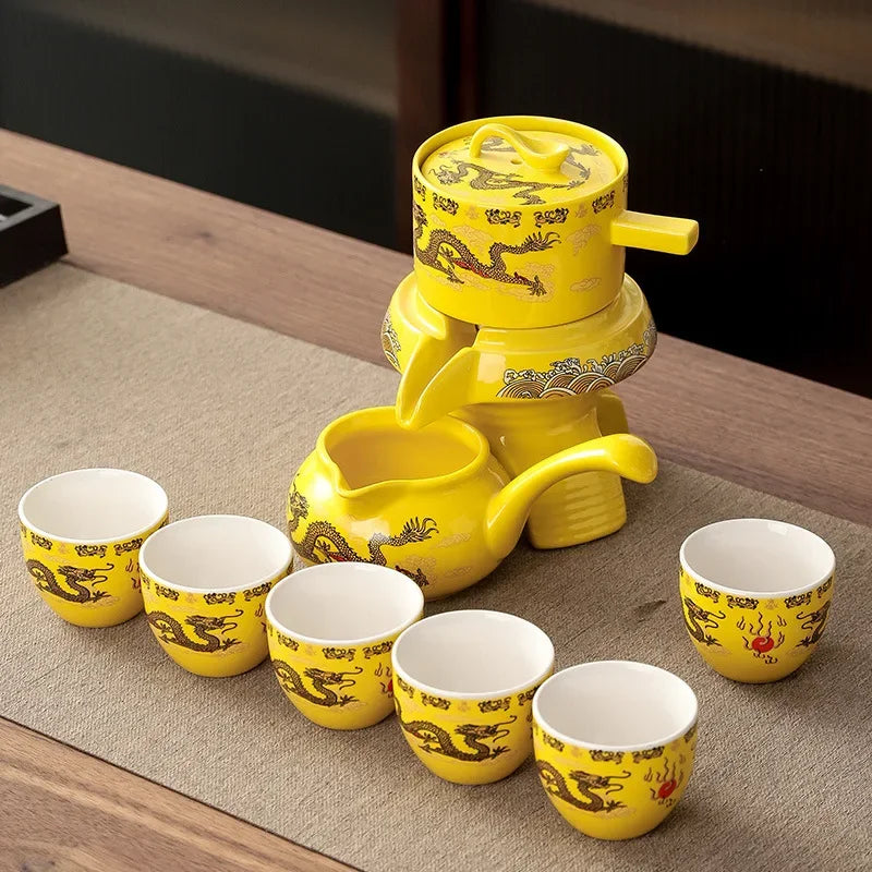 Tea Set Porcelain Golden Dragon Motif Controlled Pouring