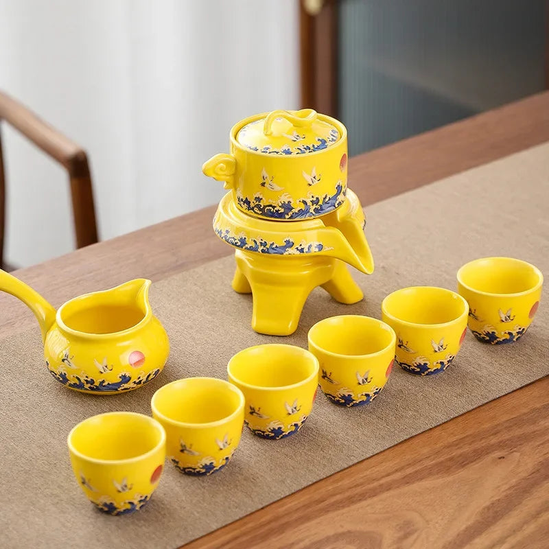 Tea Set Porcelain Golden Dragon Motif Controlled Pouring