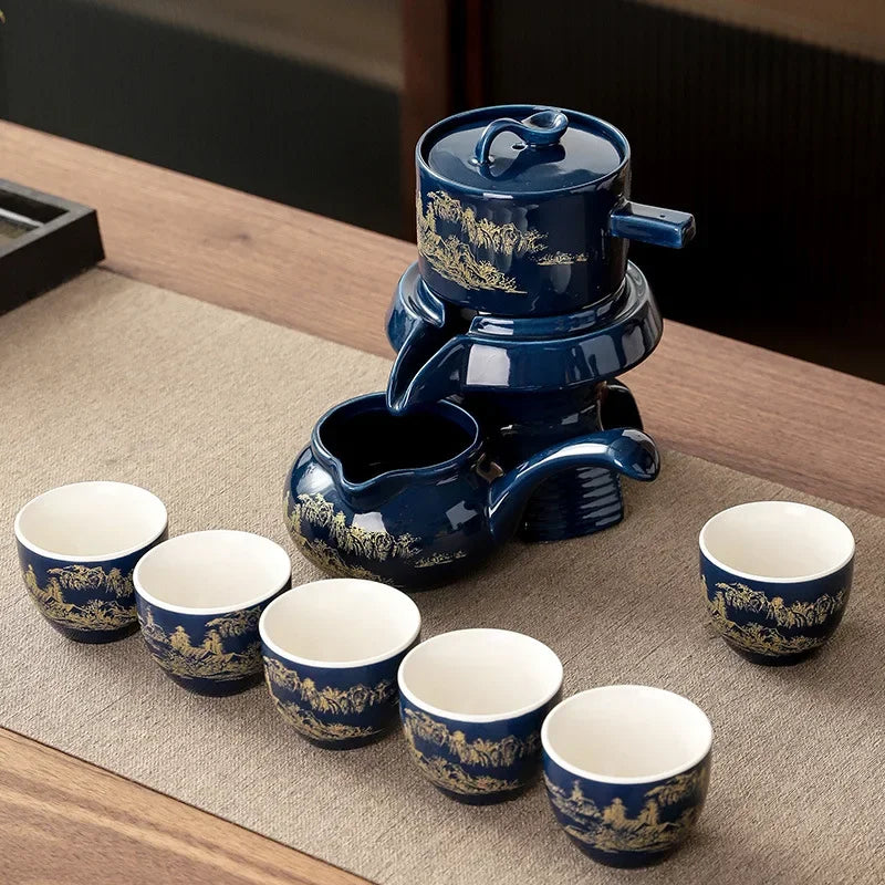 Tea Set Porcelain Golden Dragon Motif Controlled Pouring