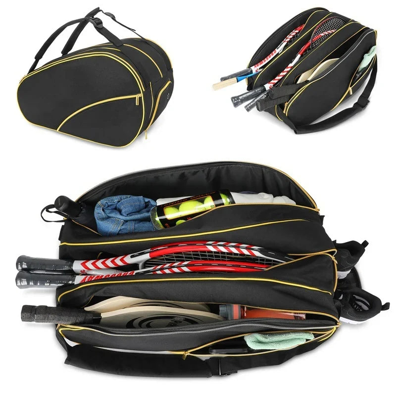 Tennis Racket Bag Weather-Resistant Multiple Compartments Detachable Strap