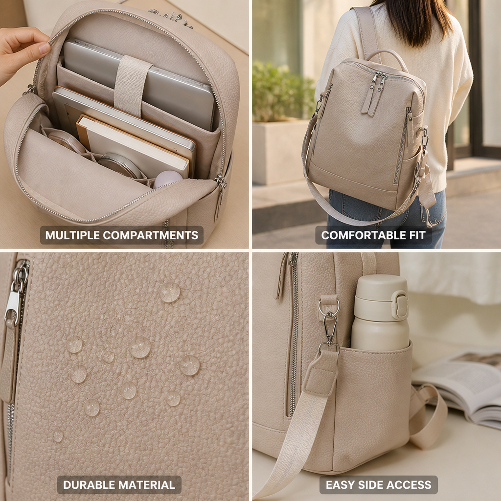 Textured Faux Leather Multi-Pocket Laptop Backpack