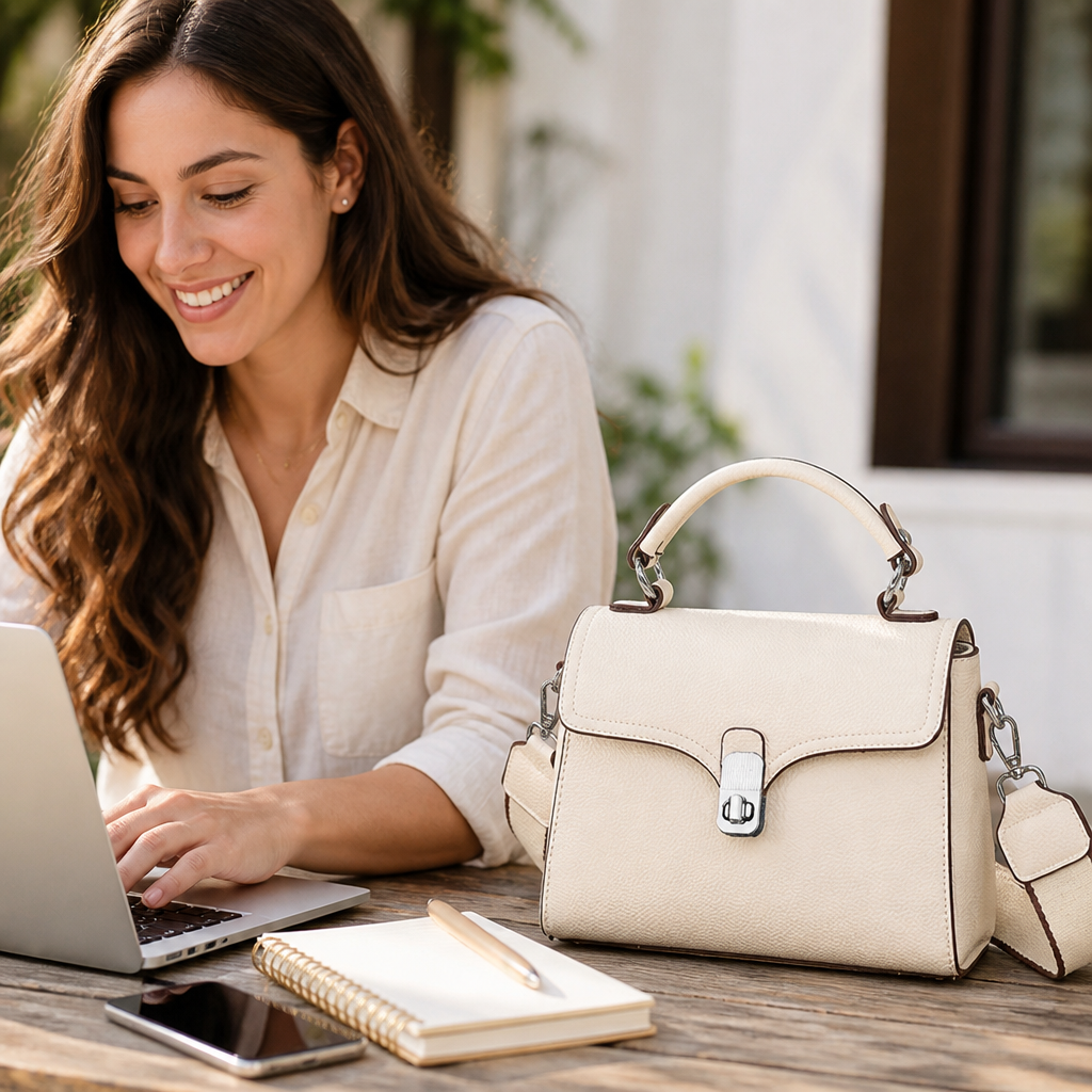 Textured Leather Structured Handbag (Detachable Strap & Locking Closure)