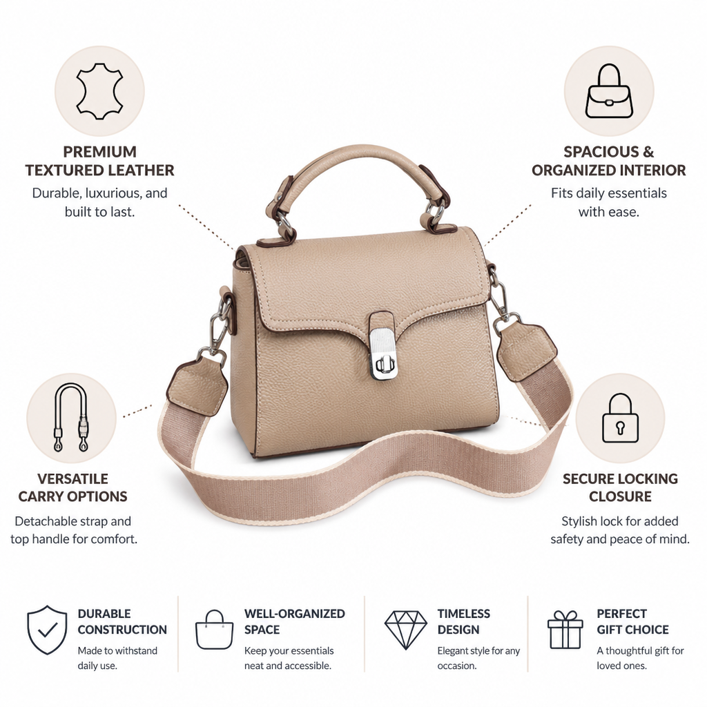 Textured Leather Structured Handbag (Detachable Strap & Locking Closure)