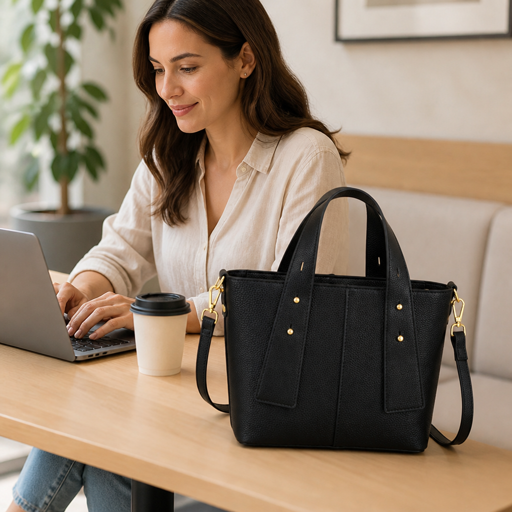 Textured Vegan Leather Multi-Pocket Tote (Detachable Shoulder Strap)