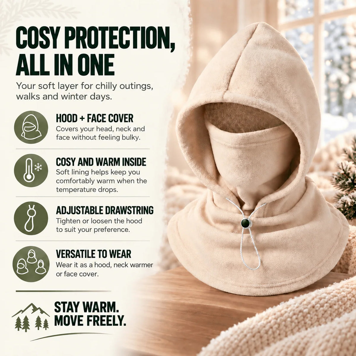Thermal Hood 3-In-1 Fleece Lined Wind Protection