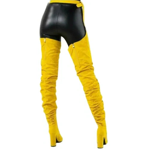 Thigh-High Boots Faux Suede Pointed Toe Chunky Heel