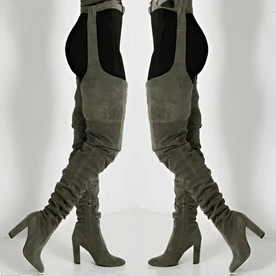 Thigh-High Boots Faux Suede Pointed Toe Chunky Heel