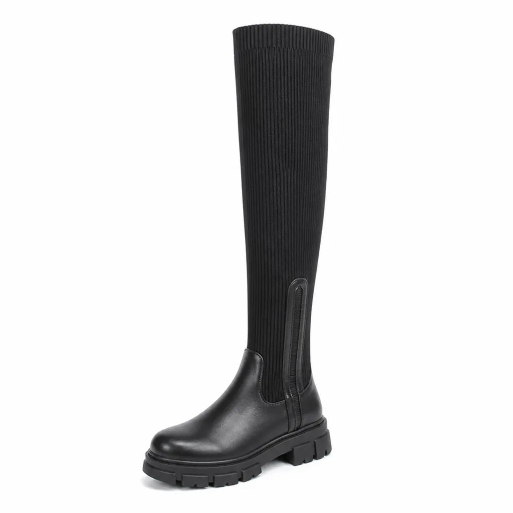 Thigh-High Boots Stretch Knit Wide-Calf Friendly Chunky Heel