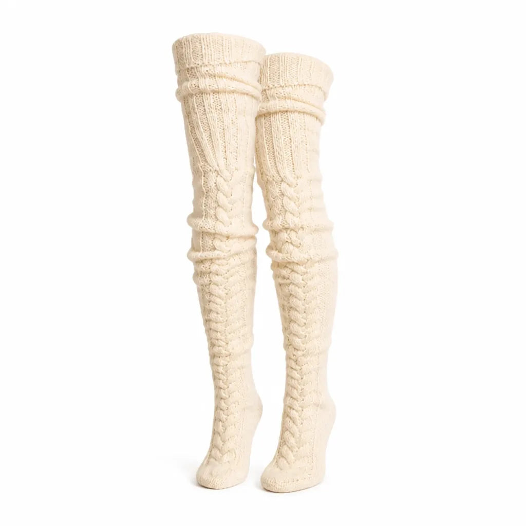 Thigh-High Socks Wool Blend Embroidered One Size