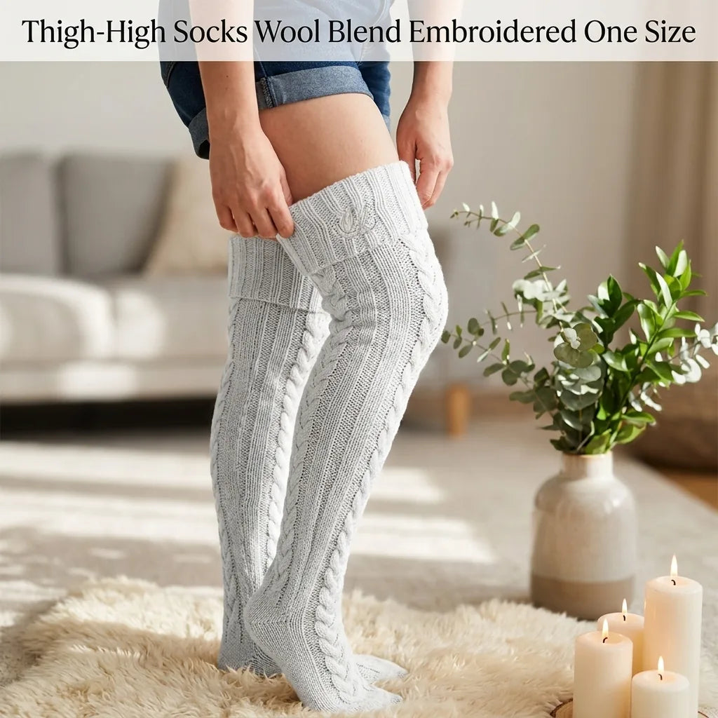 Thigh-High Socks Wool Blend Embroidered One Size