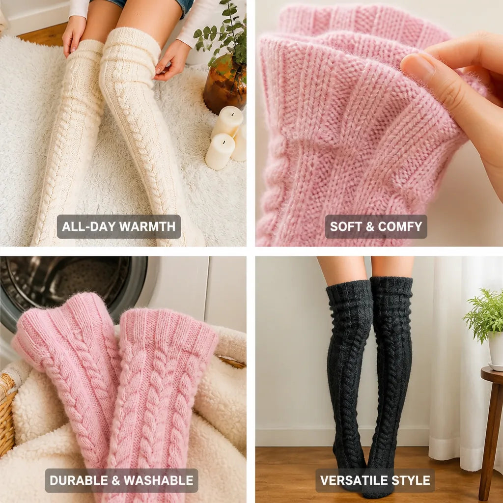 Thigh-High Socks Wool Blend Embroidered One Size