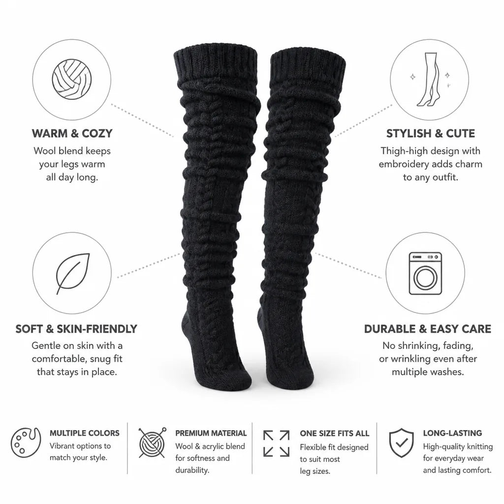 Thigh-High Socks Wool Blend Embroidered One Size
