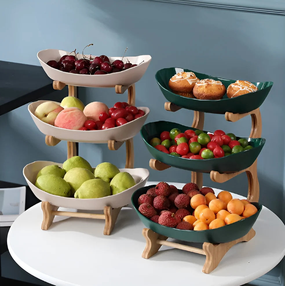 Three-Tier Serving Tray Wood Frame Removable Plastic Trays