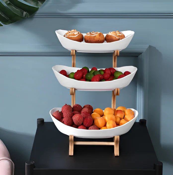 Three-Tier Serving Tray Wood Frame Removable Plastic Trays