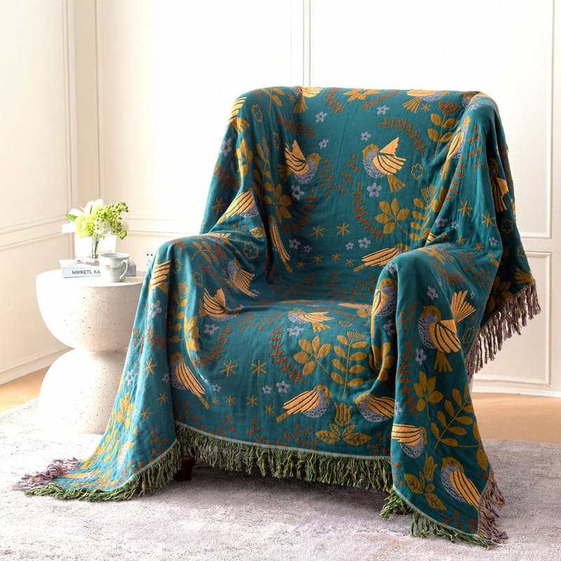 Throw Blanket 100% Cotton Reversible Bird Pattern